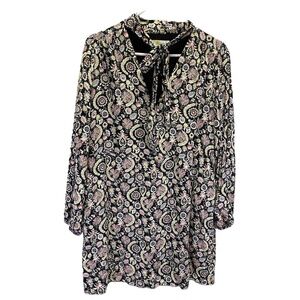 Boden‎ Black Floral Print Womens Long Sleeves Tie-Neck Mini Dress Size 14